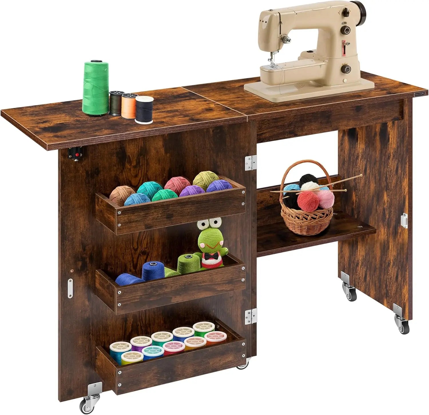 Folding Sewing Craft Table With Storage Shelves, Rolling Desk For Small Spaces In Rustic Brown