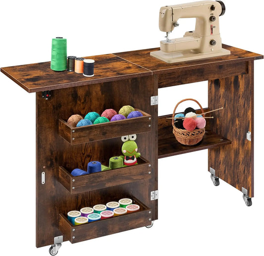 Folding Sewing Craft Table With Storage Shelves, Rolling Desk For Small Spaces In Rustic Brown