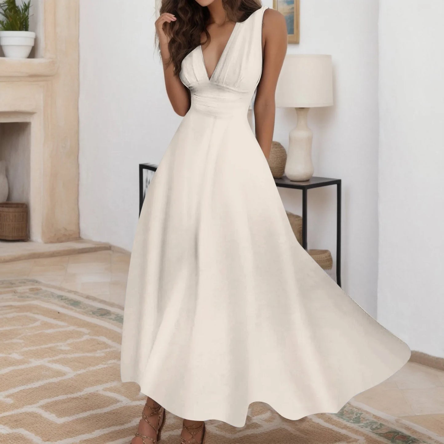 A Line Sleeveless White Dresses Woman Casual High Waist Slim Fit Large