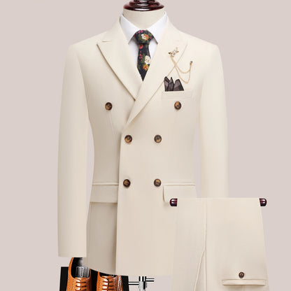 The latest men's solid color suit two-piece set with lapel collar and double breasted buttons for four seasons, men's business s