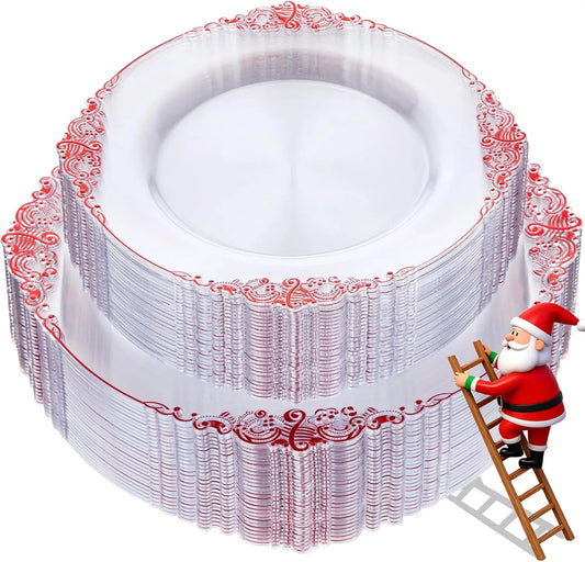 100Pcs Clear Red Disposable Plastic Plates Set - 50 Dinner & 50 Dessert Plates For Wedding Party Christmas