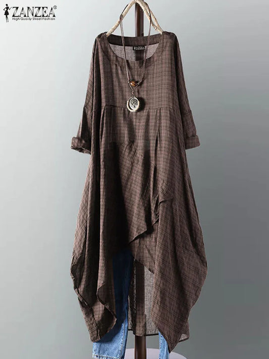 ZANZEA Vintage Midi Dress Women Female Long Sleeve Plaid Vestidos Sundress Casual Robe Female Clothing Summer Maxi  Dresses 2023