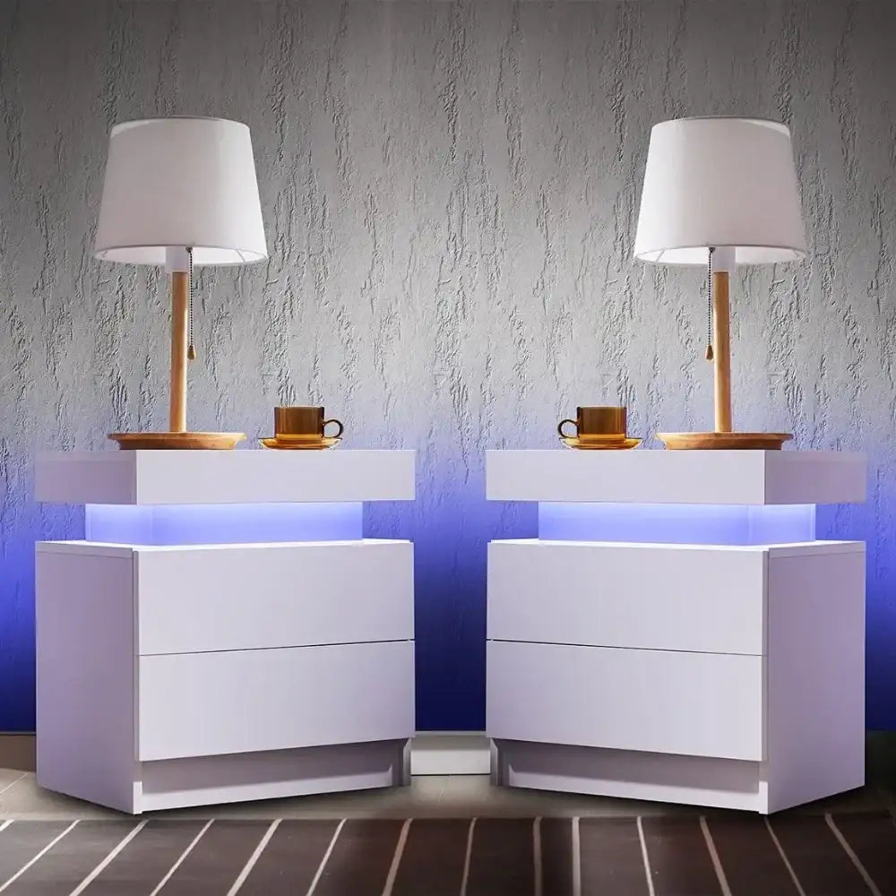Nightstand Set Of 2 Led Nightstand With 2 Drawers, Bedside Table With Drawers For Bedroom Furniture, Side Bed Table