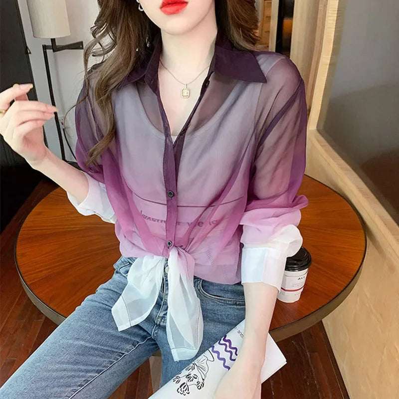 Fashion Women Gradient Color Chiffon Shirt Summer Tie Dye Contrast Color Sun Protection Shirts Woman Korean Streetwear Blouse