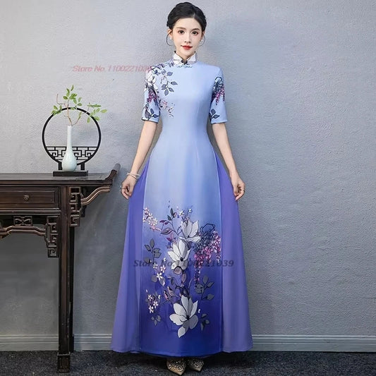 2025 vietnam traditional dress ao dai national flower print improved cheongsam oriental stage qipao party banquet evening dress