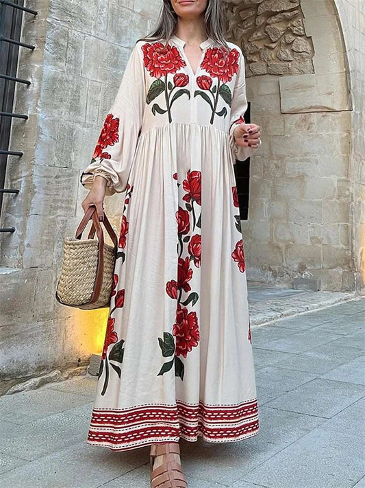 Women Elegant Floral Print V-Neck Long Sleeve Maxi Dress with Flowy Silhouette for Casual Fall Style