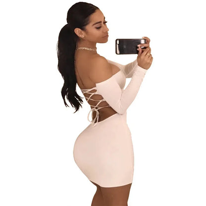 Summer Dress  Back Lace Up Off The Shoulder Mini Dress Women Bodycon Club Dresses Fashion Vestidos