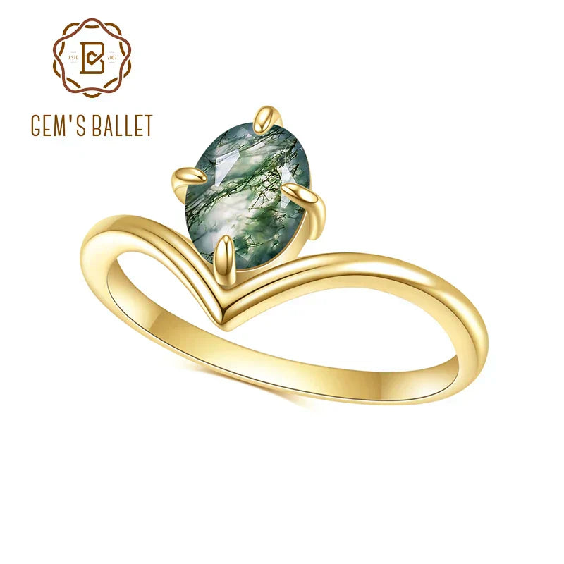 GEM'S BALLET G Curved Ring 1.18Ct 6x8mm Oval Natural Moss Agate Wedding Engagement Rings in 925 Sterling Silver Healing Gift