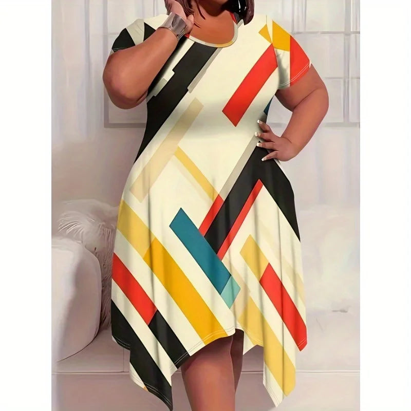 Casual Print O-Neck Short Sleeve Irregular Hem Oversized Mid-Length T-Shirt Dress “ Plus Size