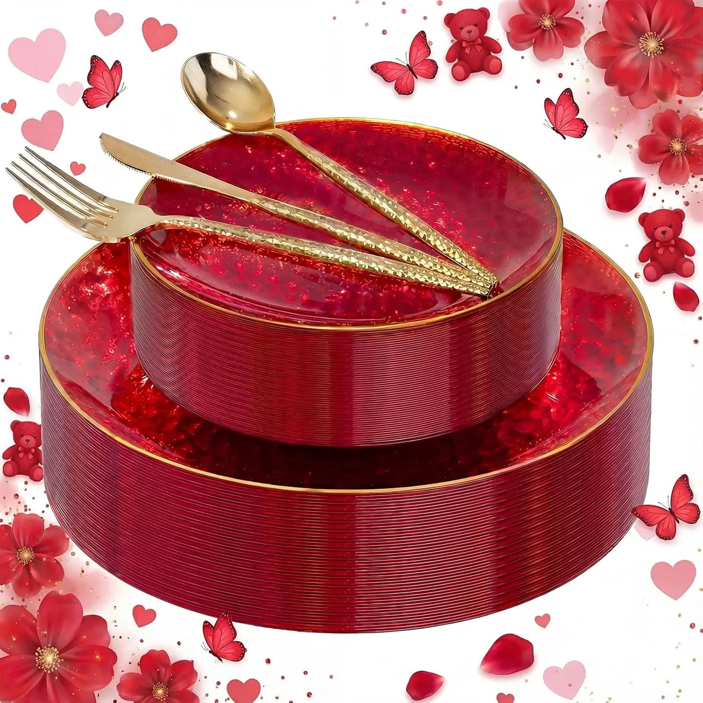 150Pcs Red Plastic Plates With Gold Rim, Disposable Dinnerware Set For Valentine'S Day And Parties
