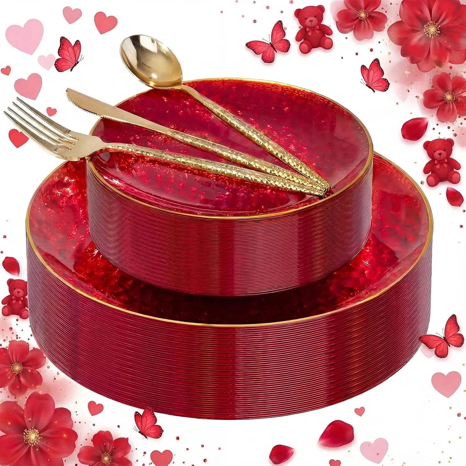 150Pcs Red Plastic Plates With Gold Rim, Disposable Dinnerware Set For Valentine'S Day And Parties