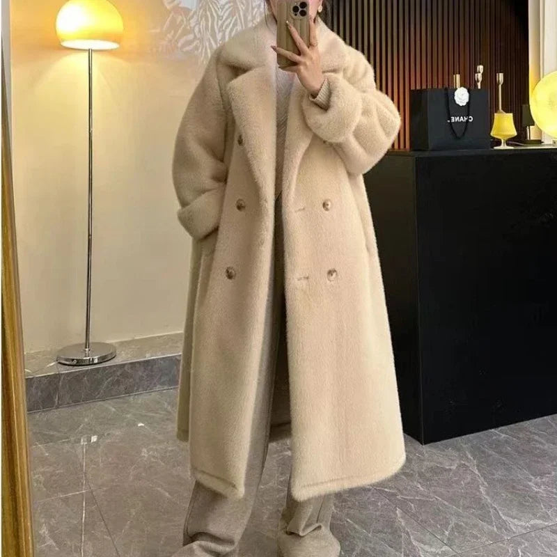 Women'S Long Thick Faux Fur Maxi Jacket Colorblock Autumn Winter Coat Warm Belt Fur Parkas Bontjas Furry Outerwear Coats