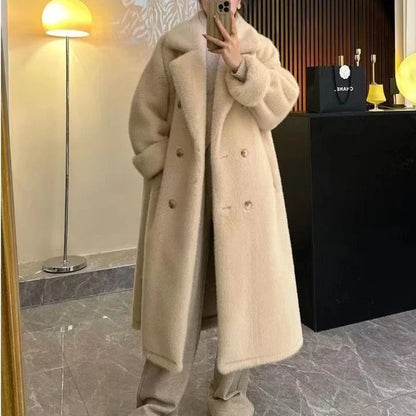Women'S Long Thick Faux Fur Maxi Jacket Colorblock Autumn Winter Coat Warm Belt Fur Parkas Bontjas Furry Outerwear Coats