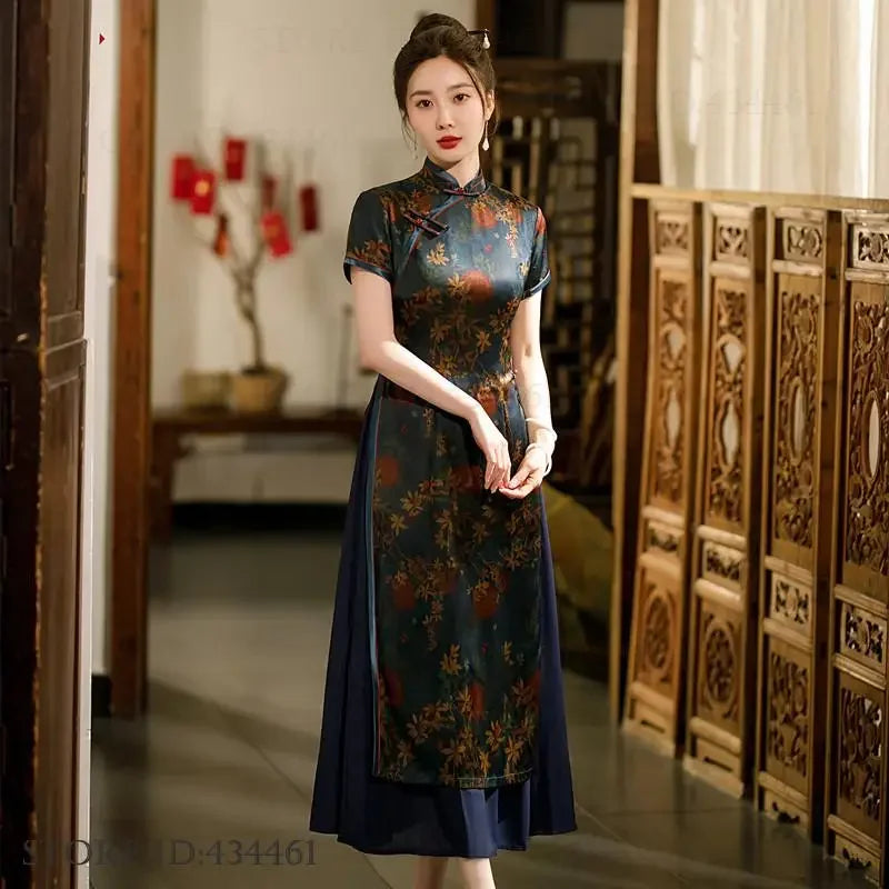 Traditional Chinese Mandarin Collar Long Cheongsam Modern Improvement Aodai Qipao Elegant Print Flower Chinese Dress Vestidos