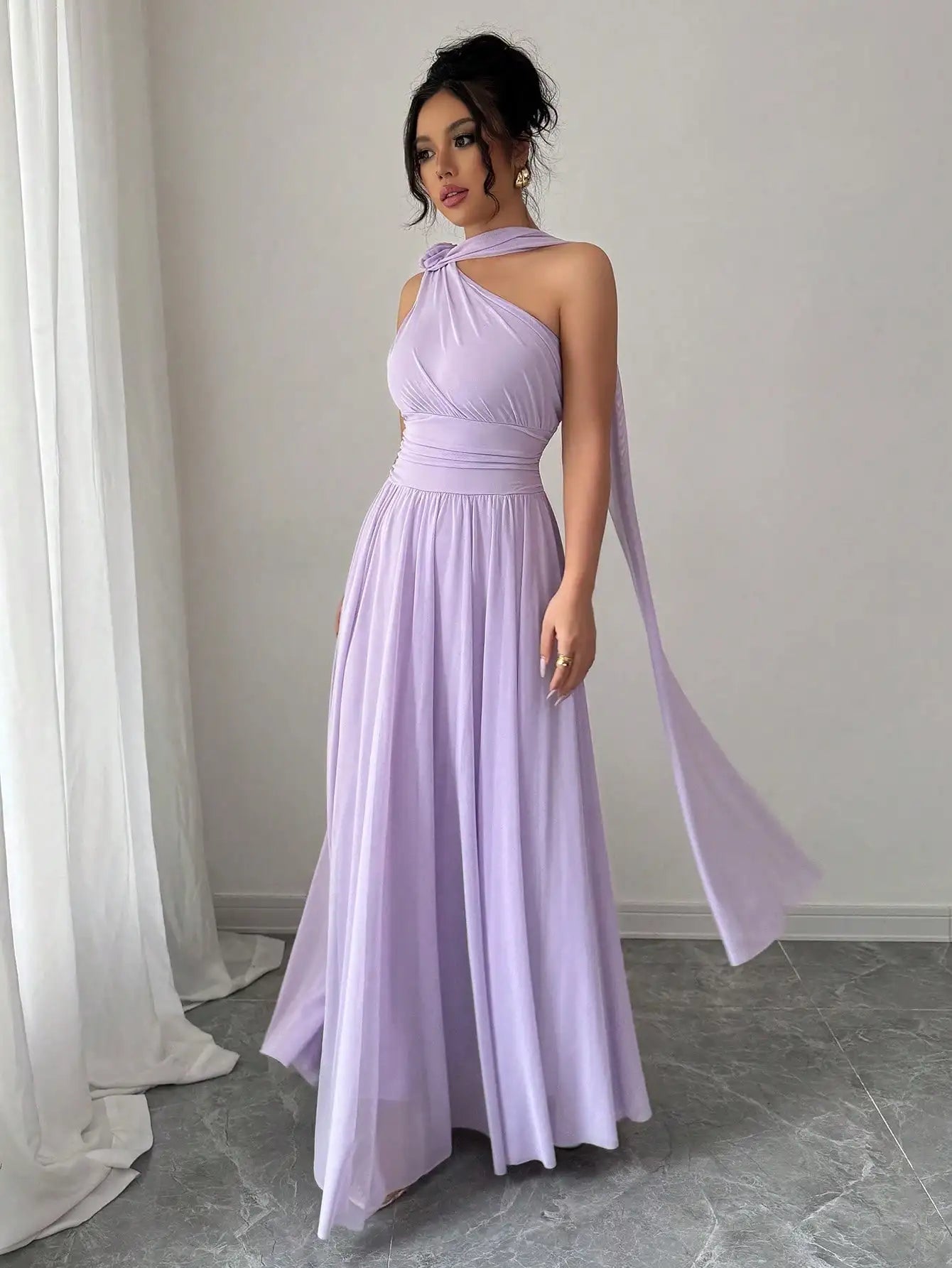 Women'S Lavender One-Shoulder Flowing Maxi Dress - Draped Neck Pleated Skirt For Weddings & Events