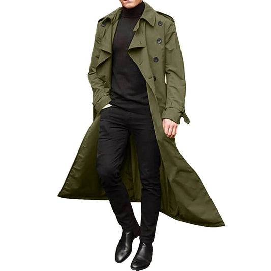 Men'S Extra Long Trench Coat - Single-Breasted, Turn-Down Collar, Solid Color Windbreaker, Sizes S-Xxl