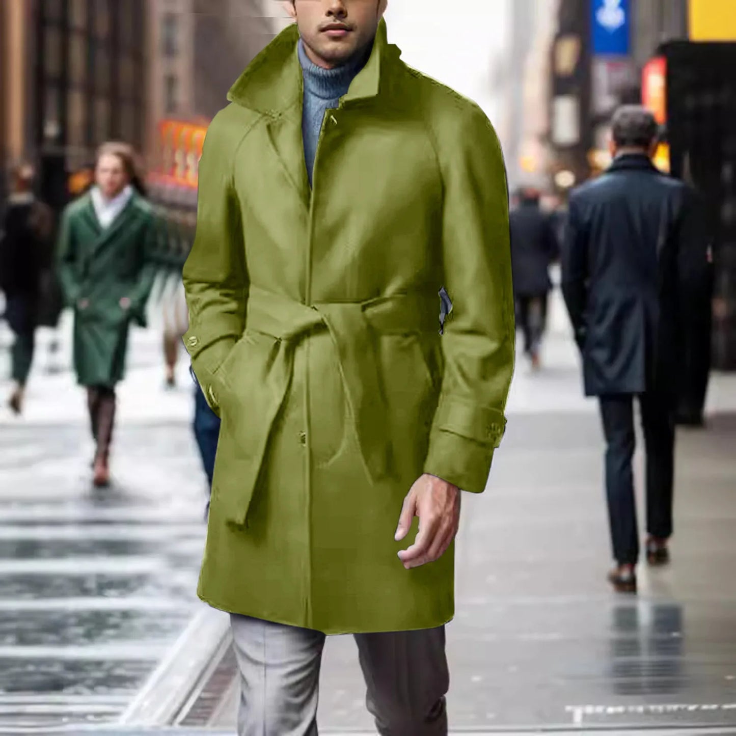 Men'S Vintage Woolen Windbreaker Trench Coat - Lapel Buttoned Belt Mid-Length Fall Winter Casual Outerwear