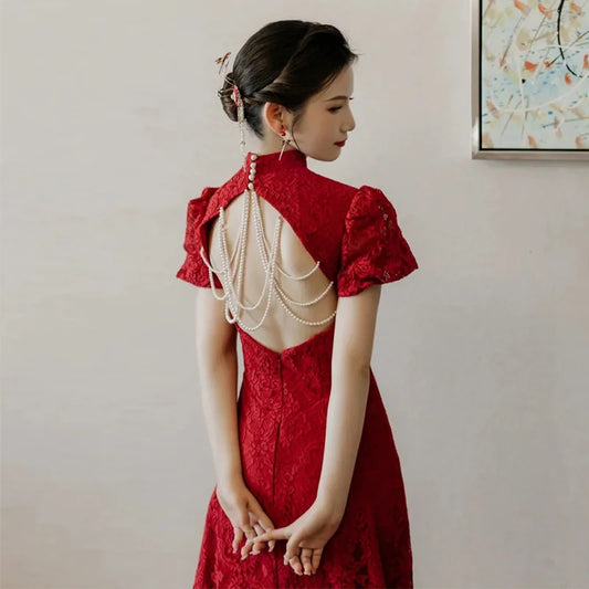Elegant Lace Flower Wedding Dress Backless Qipao Women Cute Hollow Out Cheongsams Bride Vestidos Chinese Dresses Ball Gown