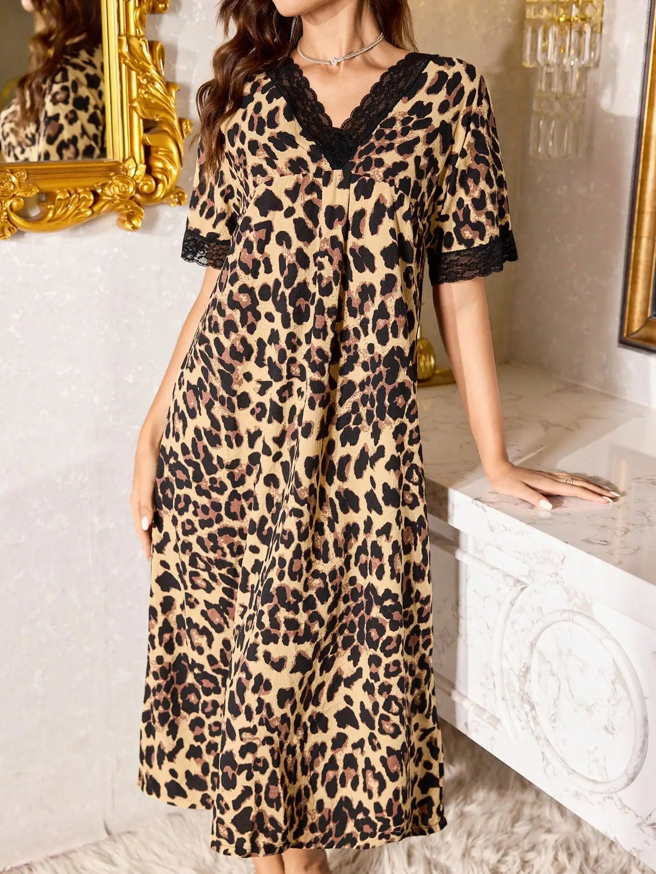 V-Neck Contrast Lace Leopard Print Short Sleeve Women Nightgown, Moo Moo