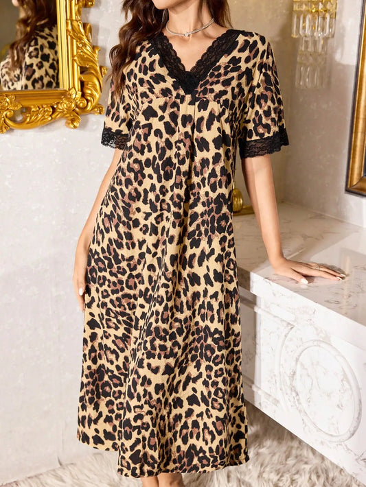 V-Neck Contrast Lace Leopard Print Short Sleeve Women Nightgown, Moo Moo