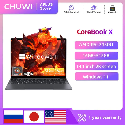 CHUWI CoreBook X AMD R5-7430U Laptop 14.1'' 2K Screen 16GB DDR4 RAM 512GB SSD Windows 11 Wifi6 Notebook Gaming Laptop