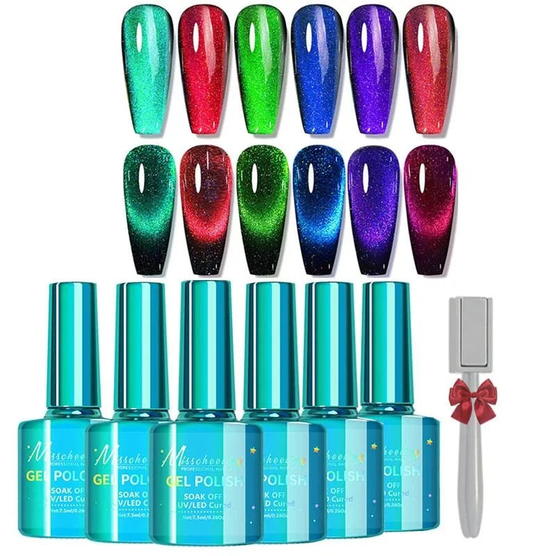 Cat Eye Gel Nail Polish 6 Colors Holographic Glitter Gel Polish Set With Magnet Translucent Gel Nail Polish  Home Manicure Salon