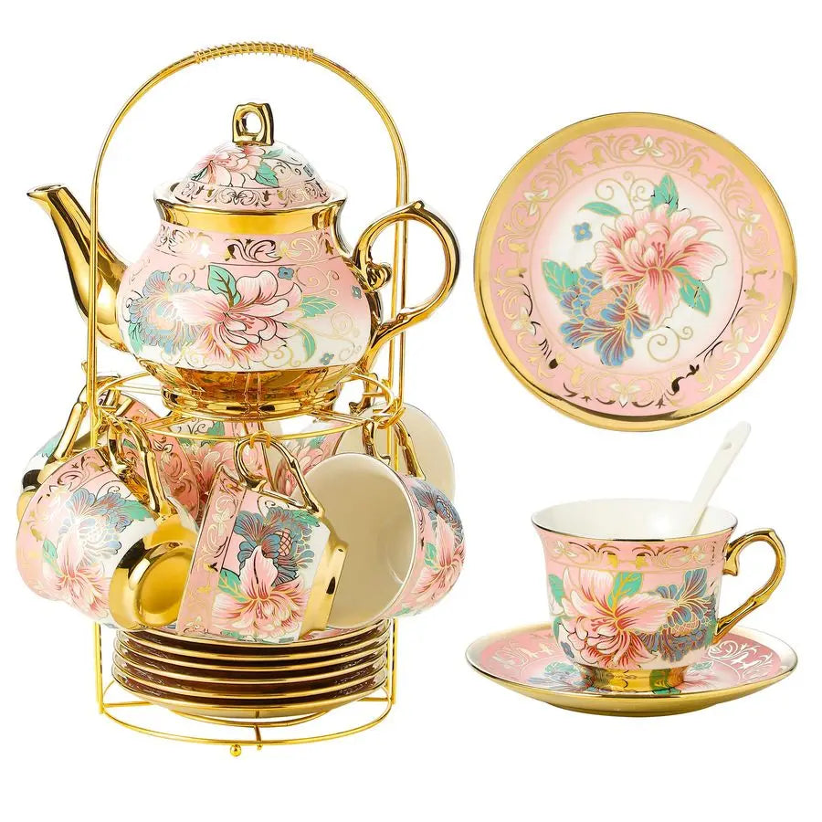 Pieces Porcelain Tea Set With Metal Holder, European Ceramic Tea Set For Adults,Flower Tea Set,Tea Set For Women With Flower Pai