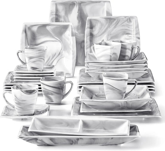 32-Piece Porcelain Dinnerware Set For 6, Marble Grey Plates And Bowls With Cups, Saucers, And Side Dishes