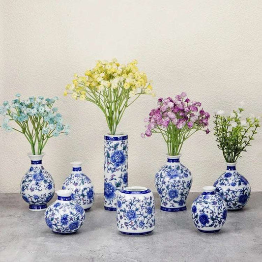 8 Pcs Chinoiserie Bud Vases Ceramic Small Blue and White Floral Chinese Porcelain Vase Set for Shelf Table Centerpieces H