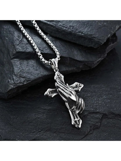 Praying Hands Necklace Black Stainless Steel Cross Box Chain - For Teens - Gift Accessories