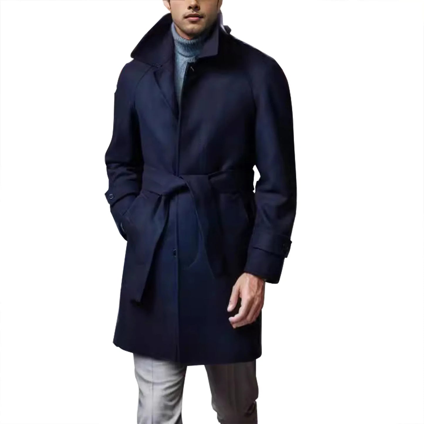 Men'S Vintage Woolen Windbreaker Trench Coat - Lapel Buttoned Belt Mid-Length Fall Winter Casual Outerwear