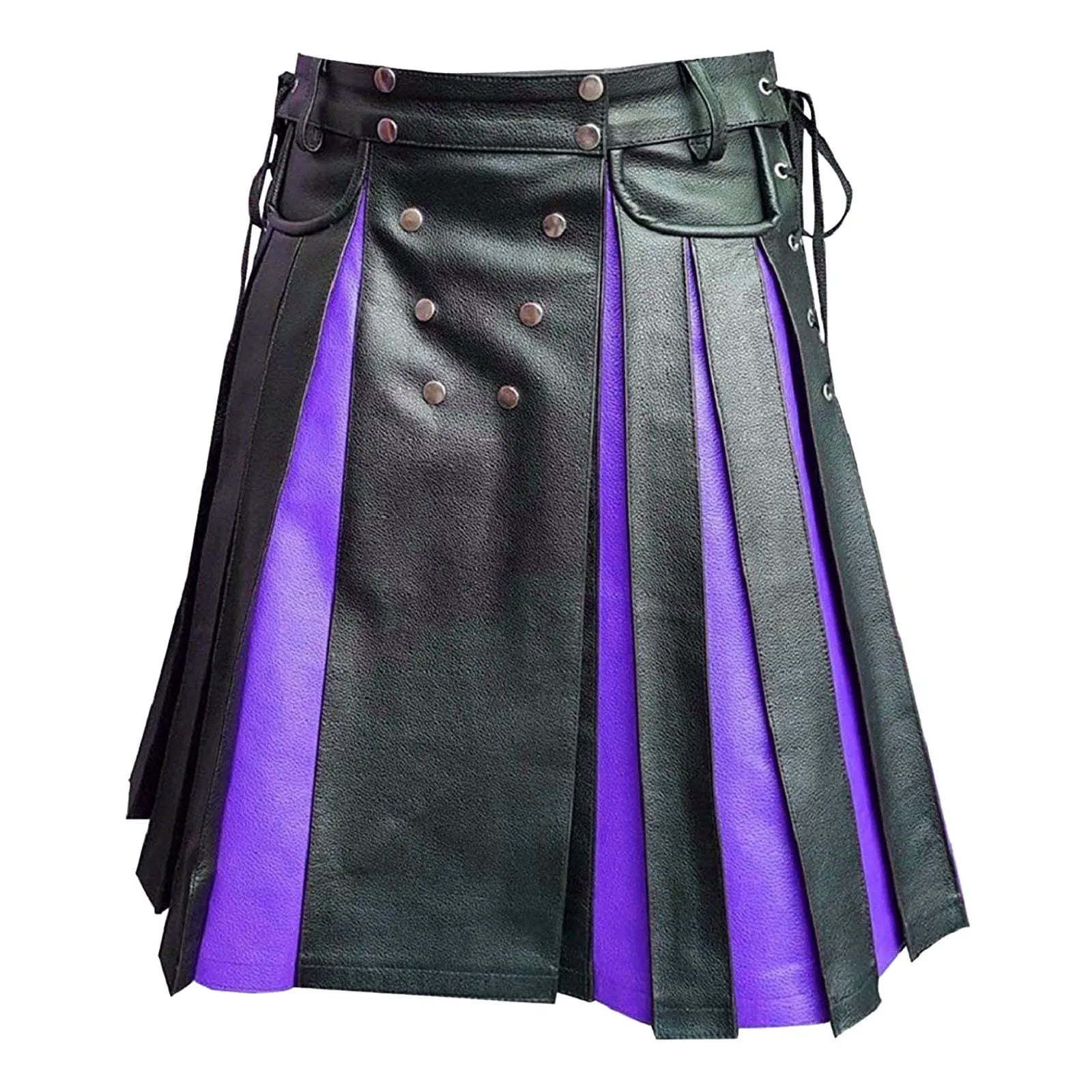 Men's Black Blue Leather Gladiator Kilt With Flat Front Panels Scottish Kilts Color Matching Medieval Traditional Pleated Skirt