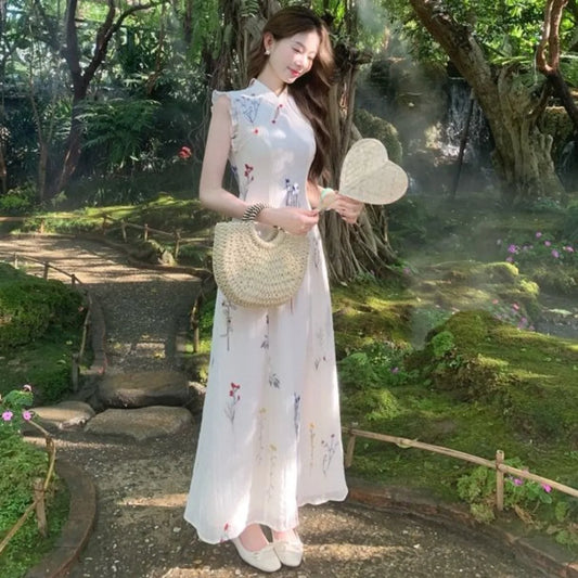 New Chinese Qipao, Petite Cap Sleeve Dress, Slim Waist National Style Summer Fashion Ao Dai Vietnamese Dresses 2025