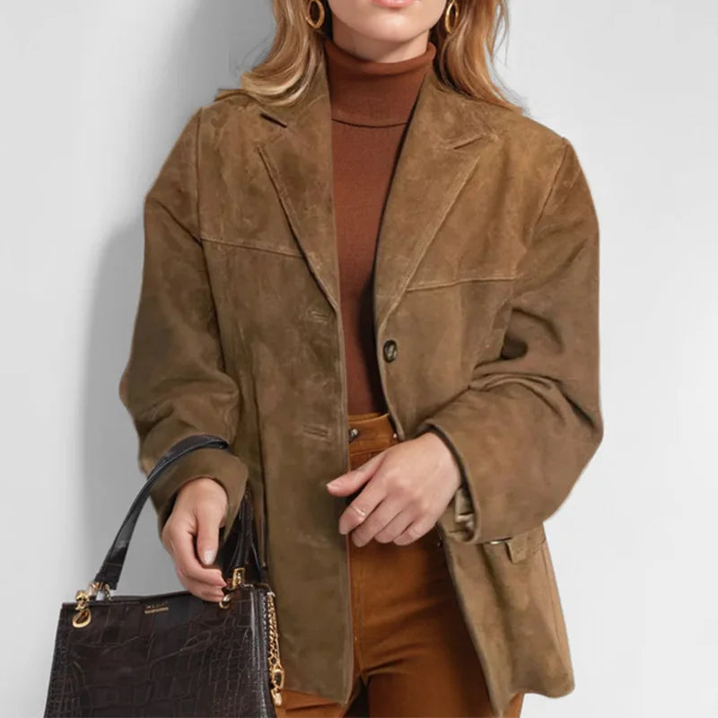 2025 Casual Brown Lapel Pocket Suede Leather Jacket Fashion Woman Single Button Long Sleeve Crop Coat Lady Autumn Street Outwear