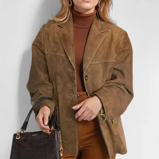2025 Casual Brown Lapel Pocket Suede Leather Jacket Fashion Woman Single Button Long Sleeve Crop Coat Lady Autumn Street Outwear
