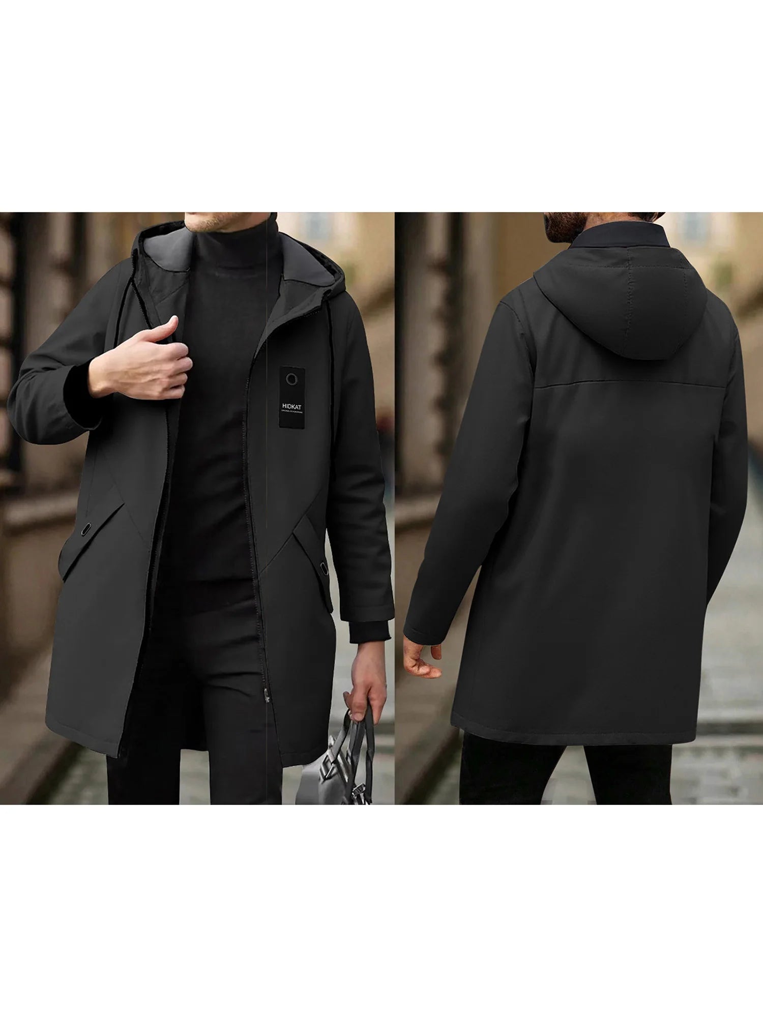 Men s Classic Double-Breasted Trench Coat with Belt Long Sleeve Hooded Windbreaker Business Outwear for Fall and Winter