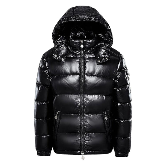 Men Down Jacket Black Glossy Unisex C Resistance Long Winter Jacket Hooded Thickened Warm Business Office Leisure Coat