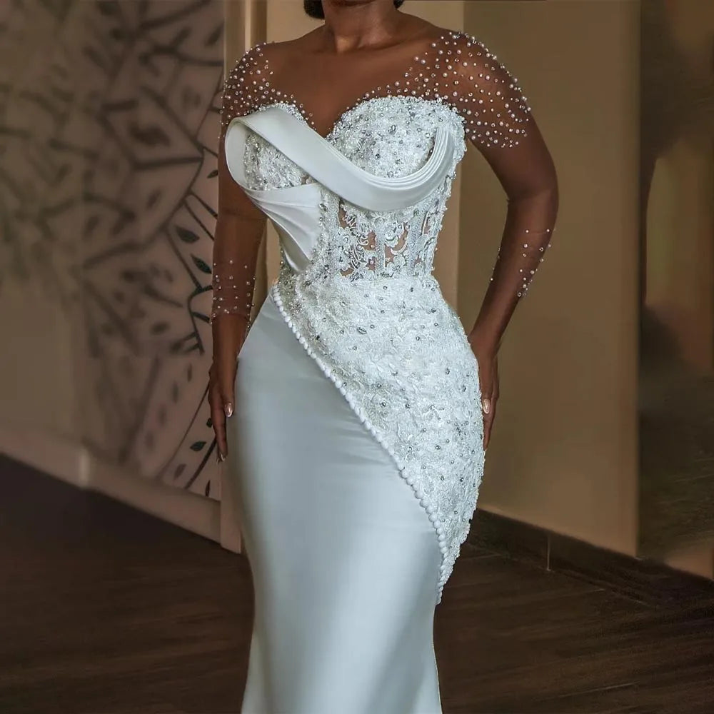 Luxury Beads Lace Wedding Dress Sheer Long Sleeves Mermaid V Neck Sweep Train Civil Wedding Simple Dress for Bride Customized