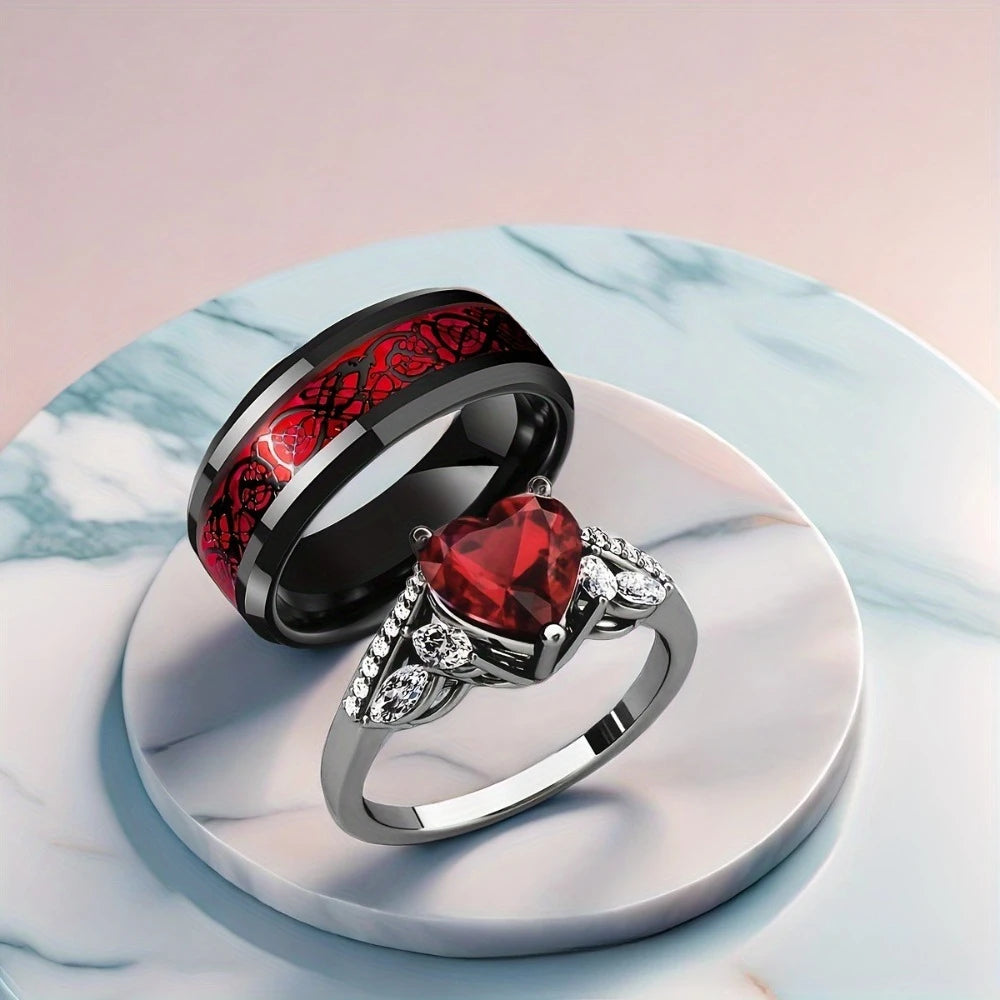Goth Romantic Inlay Red Crystal Zircon Heart Shape Double Dragon Pattern Couple Rings For Women Men Luxury Sparkle Jewelry Gift