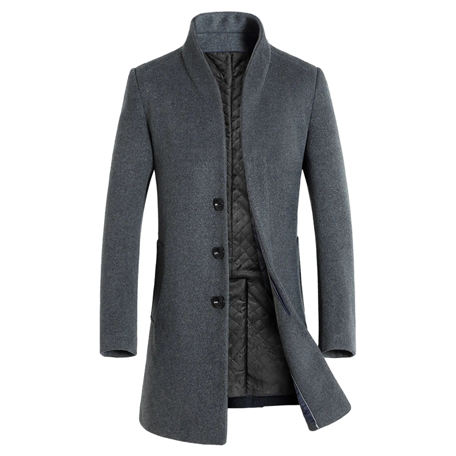 Men Coat Autumn Winter Mid-Length TrenJackets Casual Solid Single Breasted Long Sleeve Lapel Collar Overcoat Male Slim Jacket