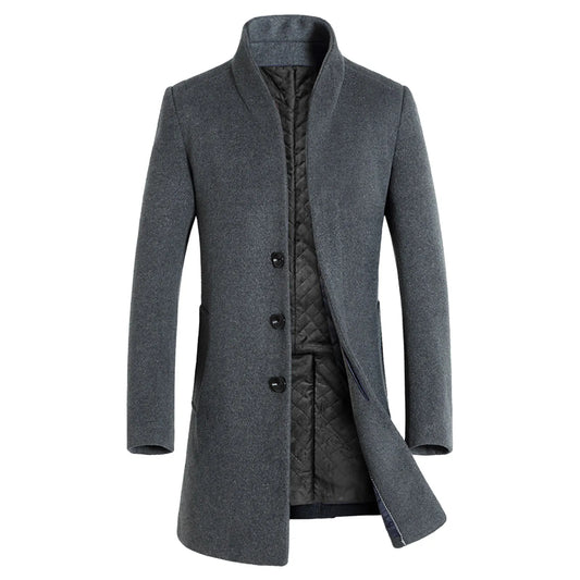 Men Coat Autumn Winter Mid-Length TrenJackets Casual Solid Single Breasted Long Sleeve Lapel Collar Overcoat Male Slim Jacket