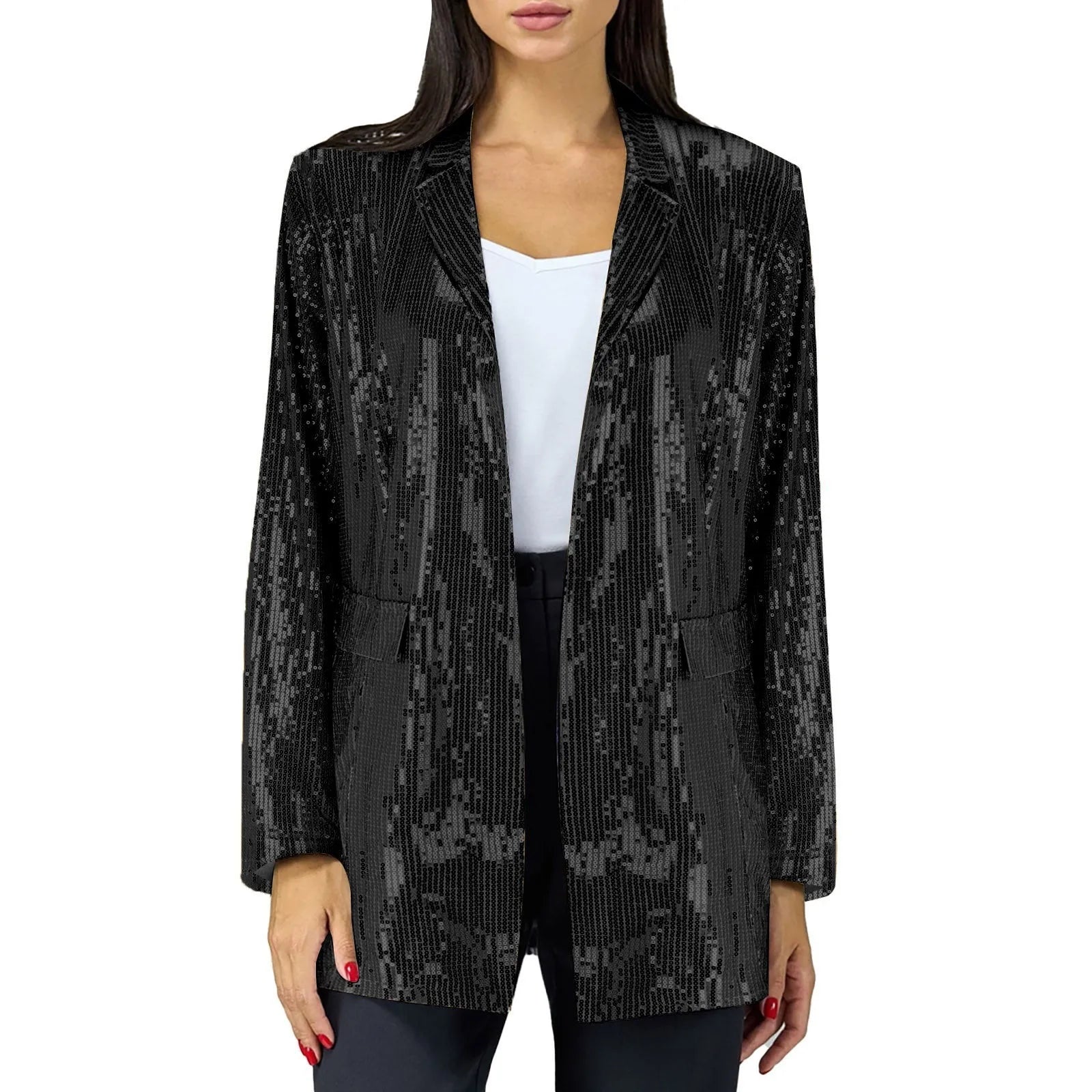 Fashion Sequin Shinny Blazer Jacket For Women Elegant Open Front Glitt