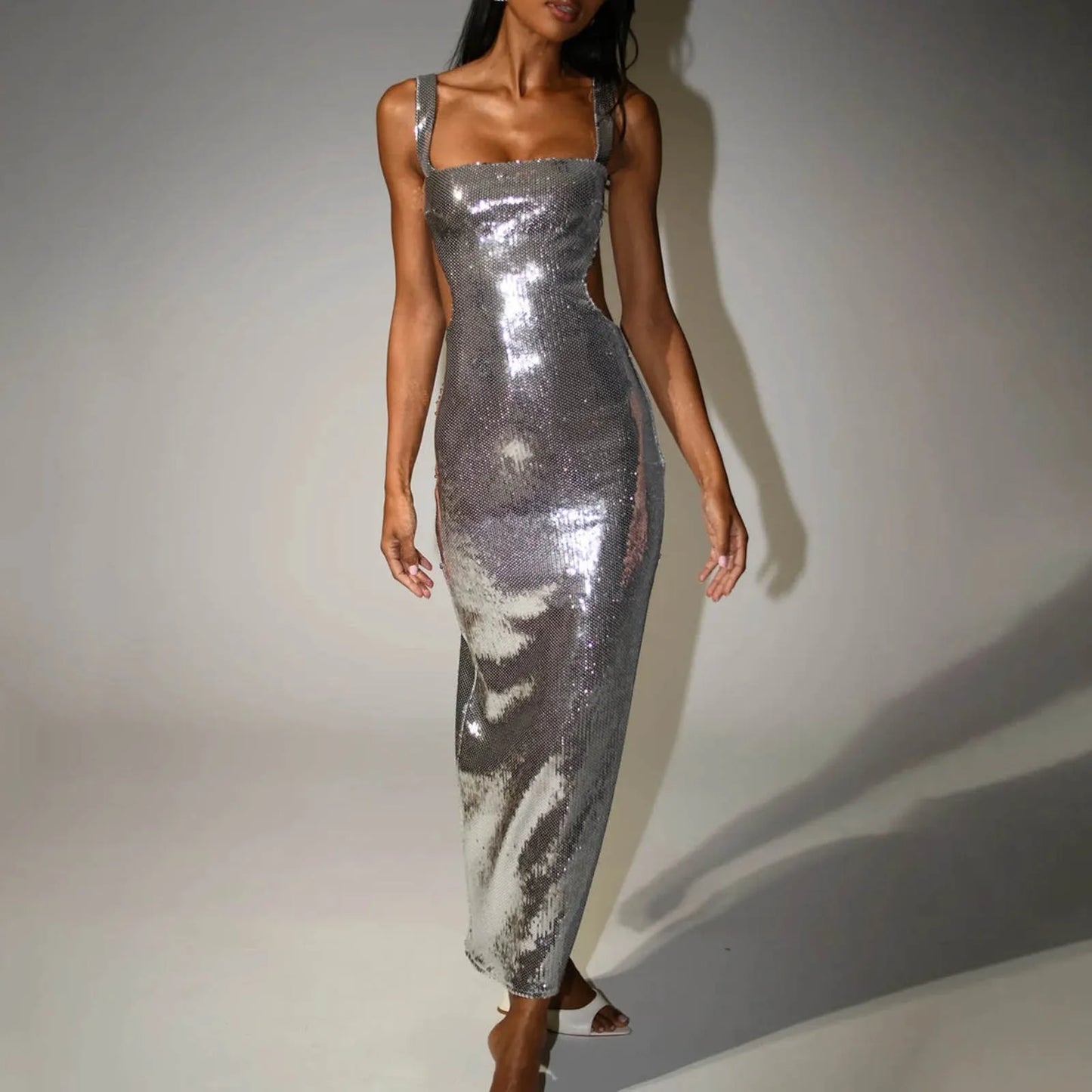 Women Gorgeous Sequin Bodycon Long Dress Y2K Square Neck Backless Shiny Ev