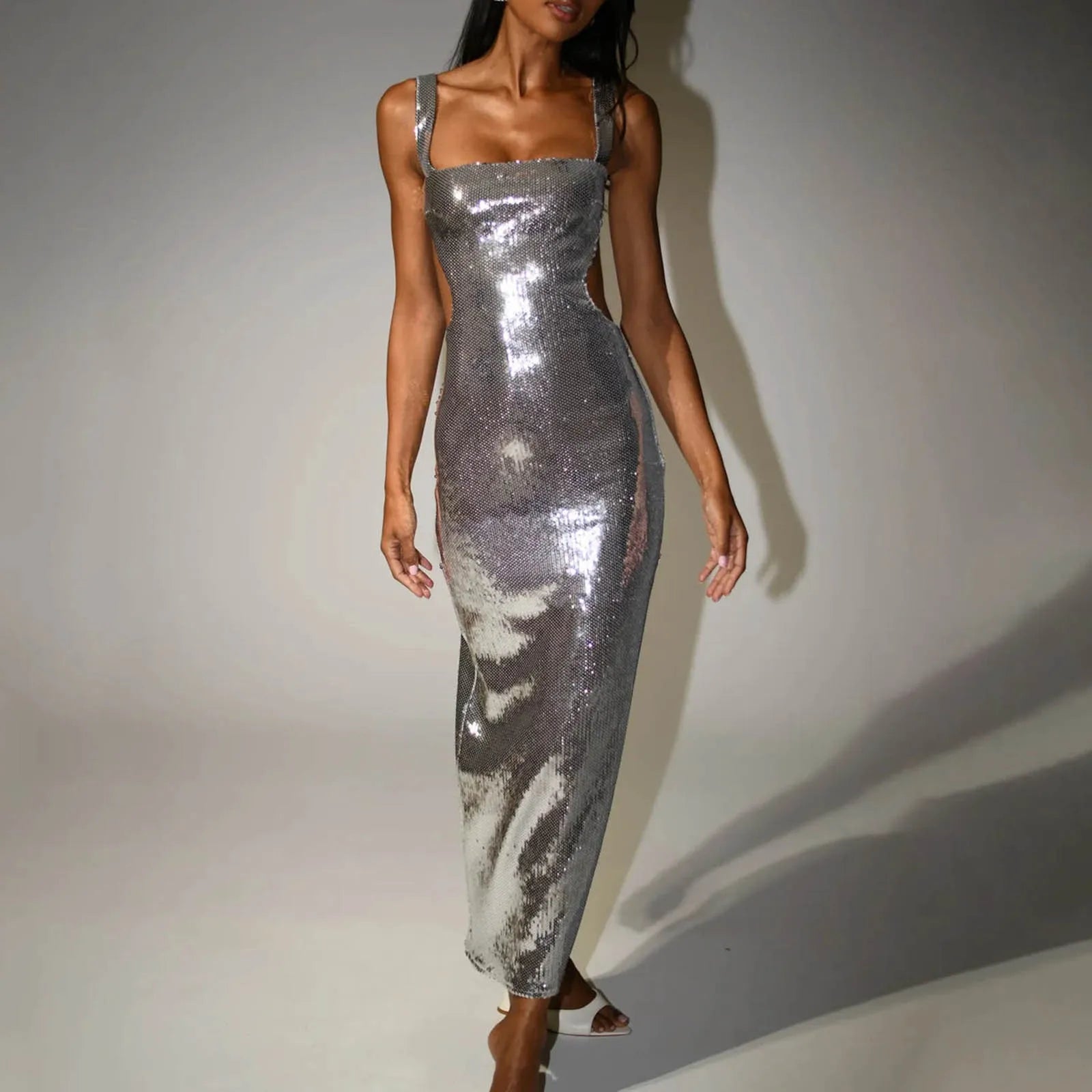 Women Gorgeous Sequin Bodycon Long Dress Y2K Square Neck Backless Shiny Ev