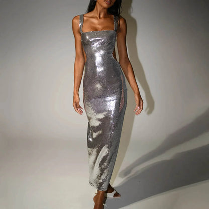 Women Gorgeous Sequin Bodycon Long Dress Y2K Square Neck Backless Shiny Ev