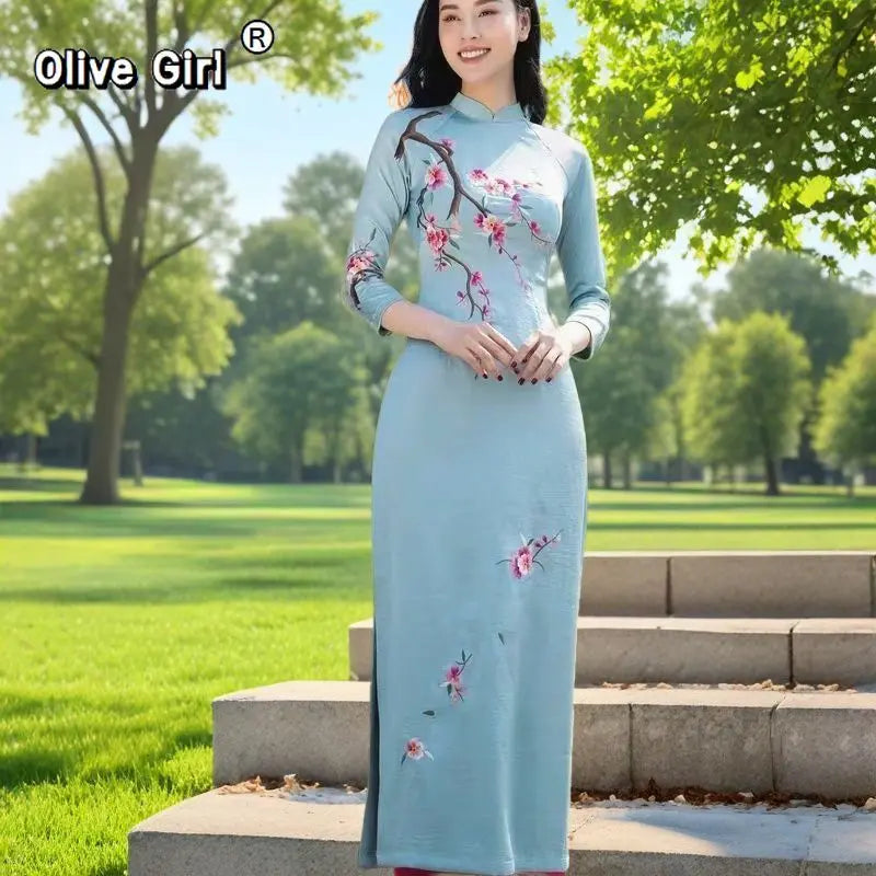 Women Aodai Vietnamese Traditionally Dress Long Qipao Two-Piece Wide-Leg Pants Cheongsam Aodai Dress Aodai Vetnam Clothing