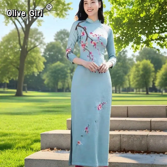 Women Aodai Vietnamese Traditionally Dress Long Qipao Two-piece Wide-leg Pants Cheongsam Aodai Dress Aodai Vetnam Clothing