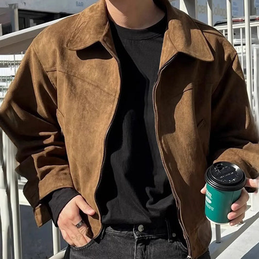 Men's Vintage Cropped Lapel Jacket Spring And Autumn Zipper Fashion Jacket Casual  Vintage Brown Coffee Color Bomber Jacket