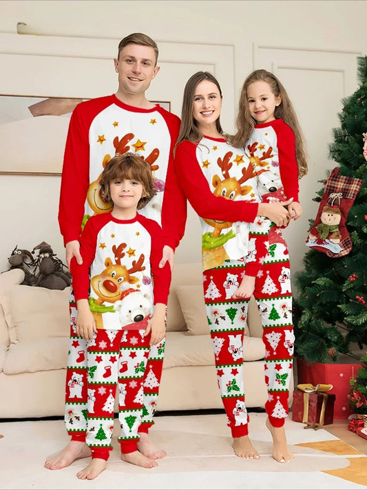 Christmas Family Matching Pajamas Set with Reindeer & Polar Bear Prints, Festive Xmas Loungewe