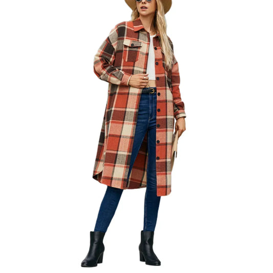 WoMen's Plus Size Plaid Lapel Neck Long Sleeve Button Down Coat Casual Streetwear Winter Jacket Warm Outwear Coat